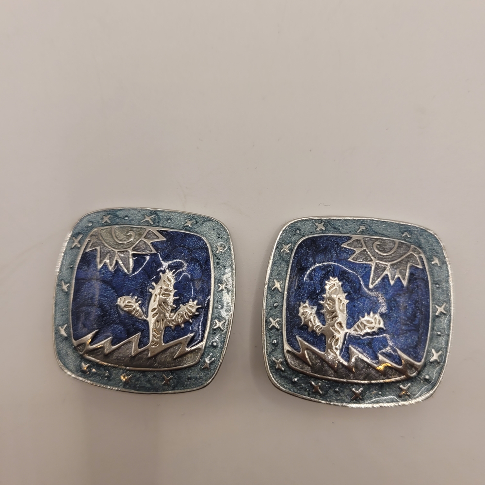 Signed Berebi Blue Enamel Cactus Sun Square Earrings West Dessert Vintage